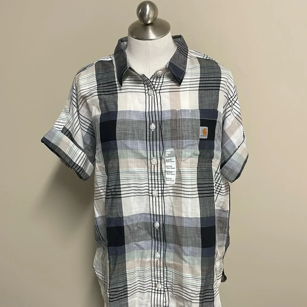 Carhartt Women’s Short Sleeve Loose Fit Woven Button Front Plaid NWT - Picture 3 of 5